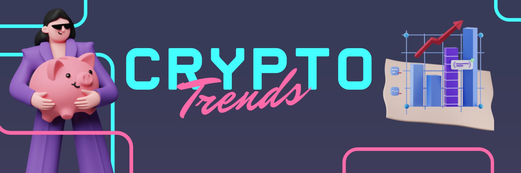 A stylized 3D image shows a cartoon woman in a purple suit and sunglasses hugging a pink piggy bank with crypto trends text